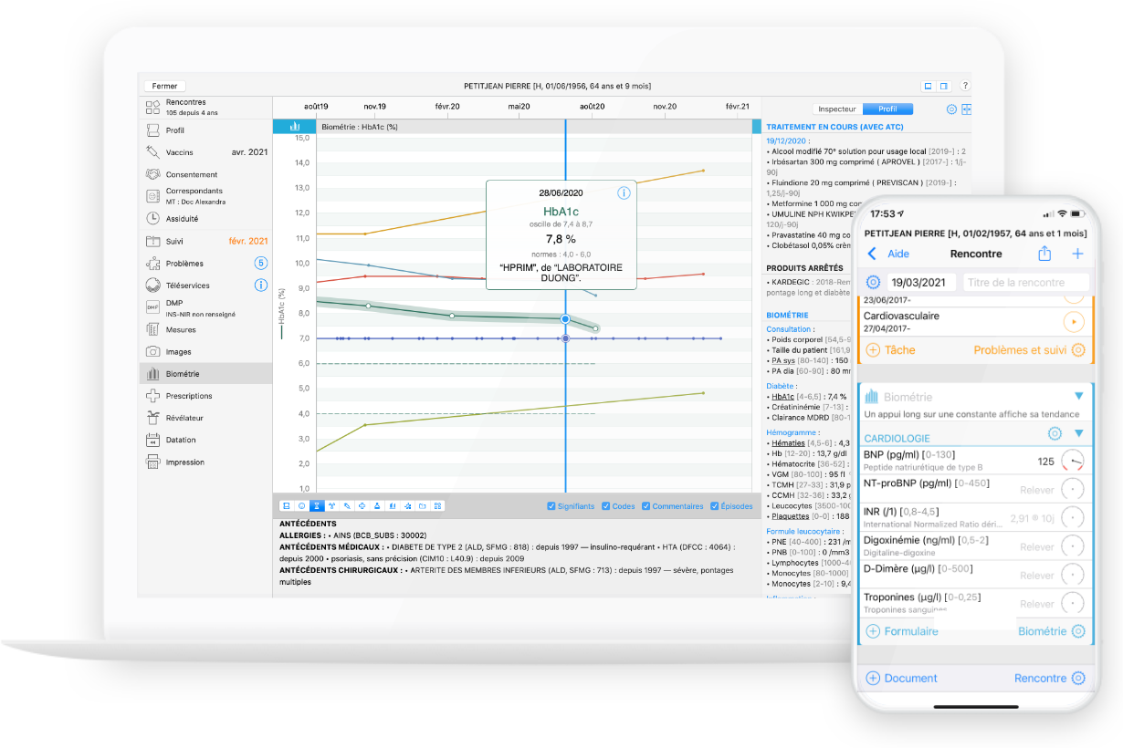 Captures d'écran Mac et iPhone du logiciel médical MédiStory