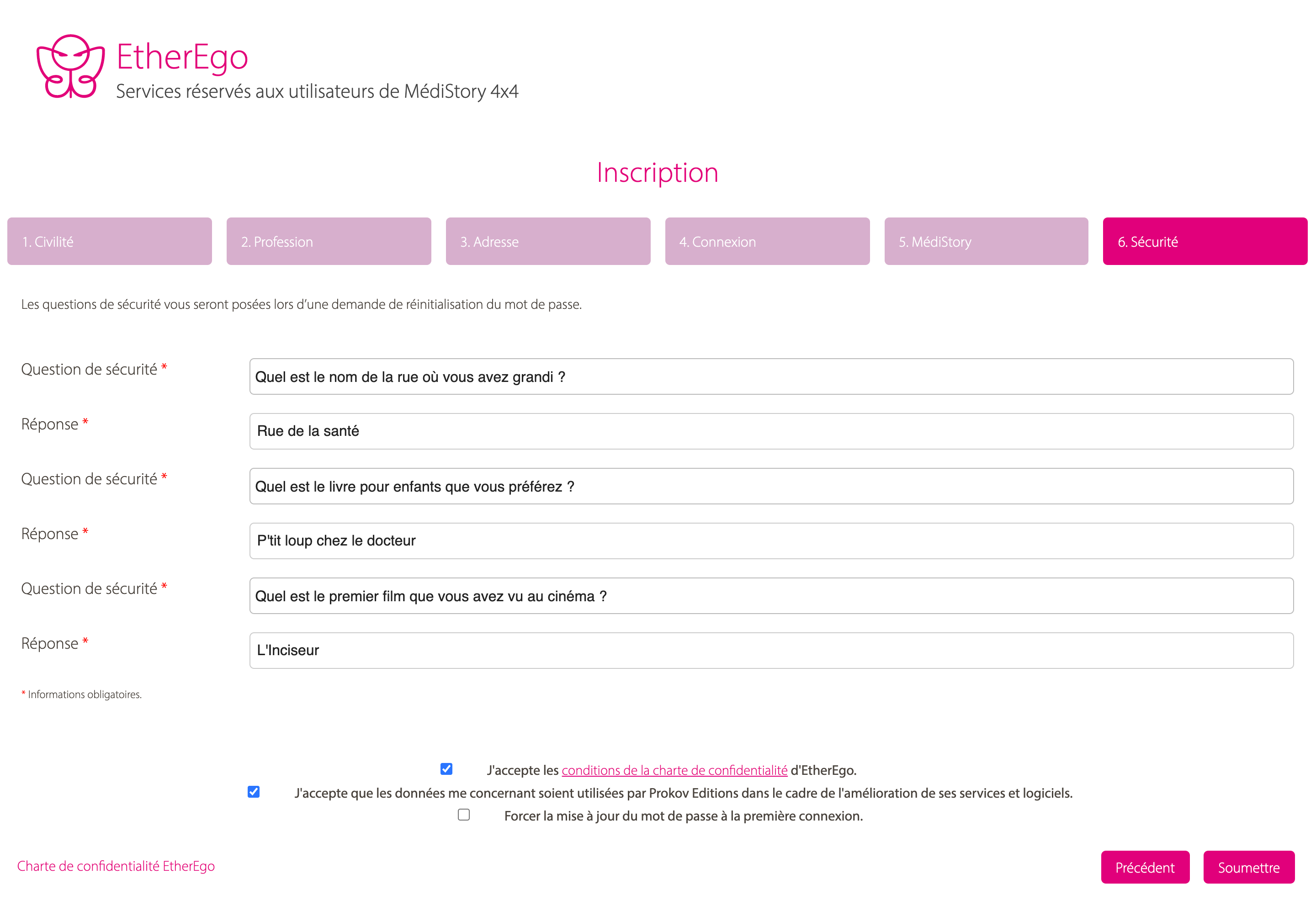 Formulaire de création de compte EtherEgo - Etape 6 : Questions de sécurité