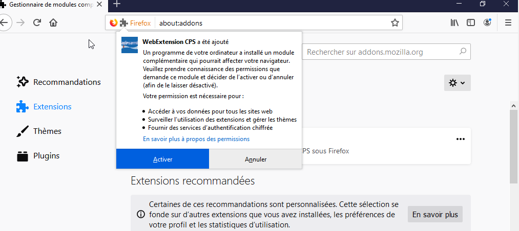 Capture d'écran des extensions de firefox