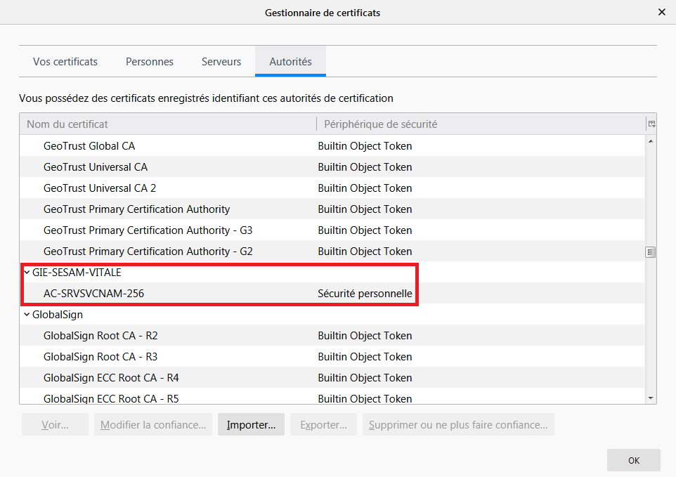 Capture d'écran des certificats de Firefox