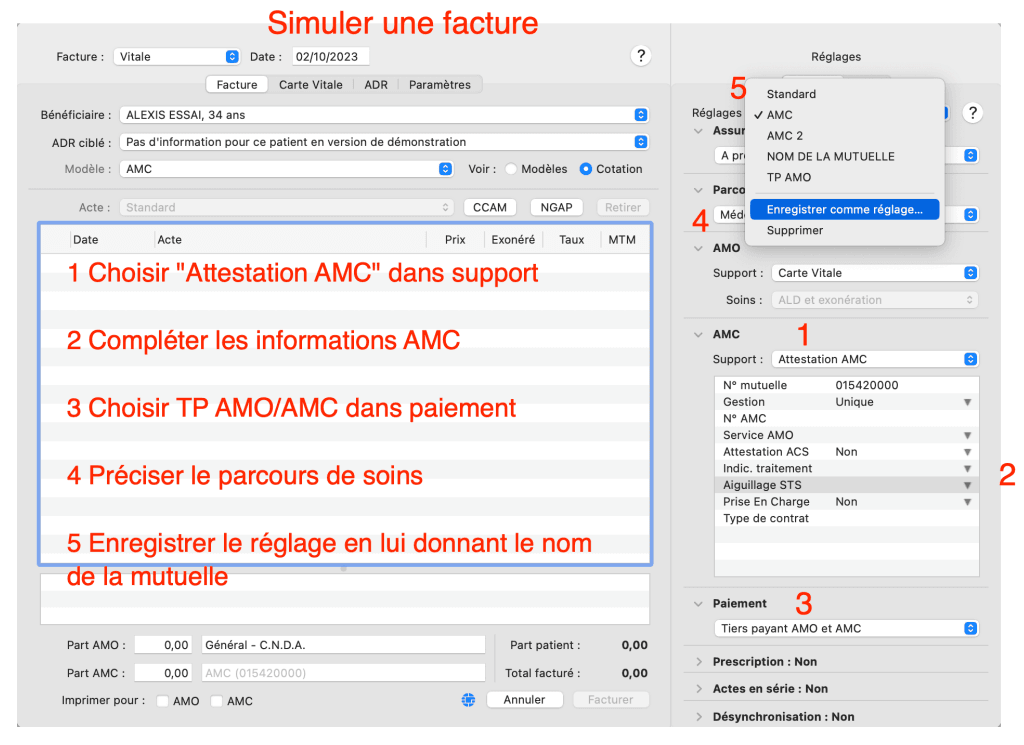 Capture d'écran du logiciel VigiPaiement, montrant une facturation avec AMC.