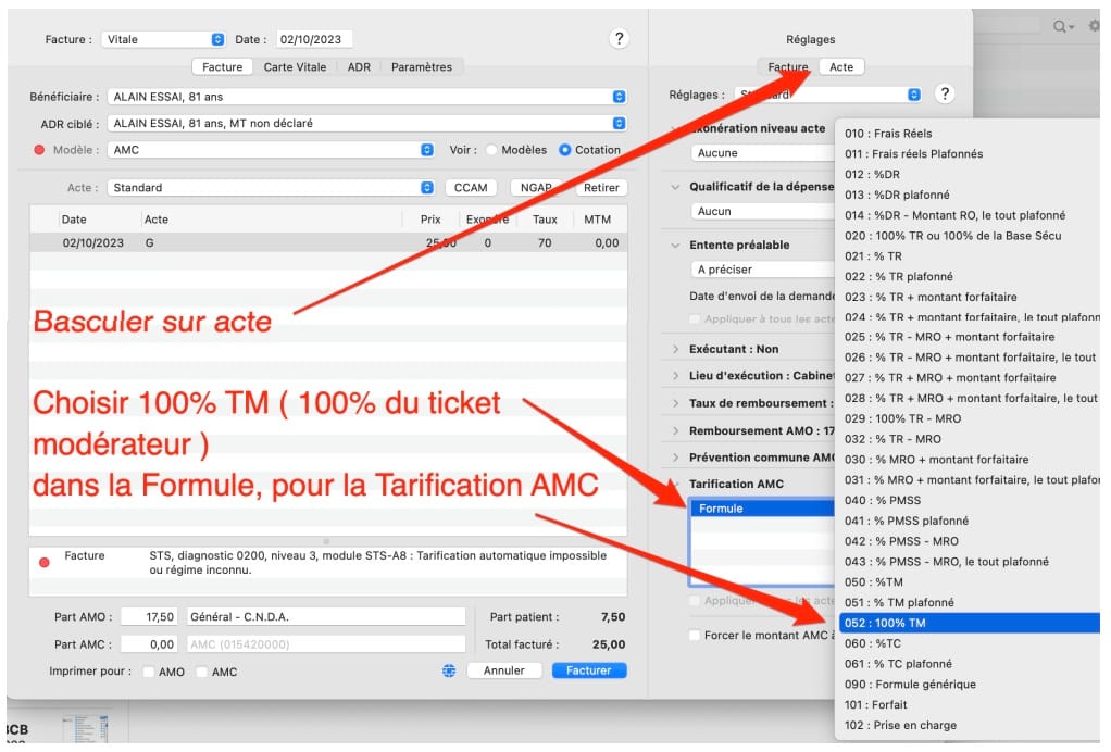 Capture d'écran montrant comment facturer un patient bénéficiaire d'un AMC.