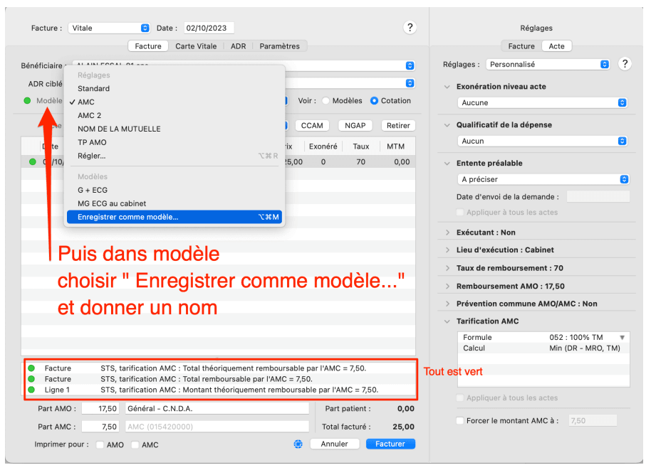 Capture d'écran montrant comment facturer un patient bénéficiaire d'un AMC.