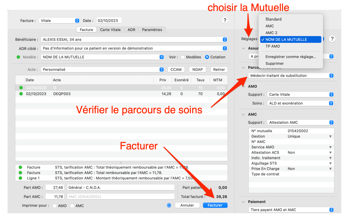 Capture d'écran montrant comment facturer un patient bénéficiaire d'un AMC.